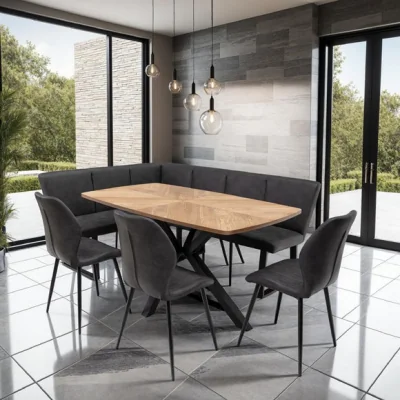 Dunelm Hampton Dining Table with 3 Sheldon Faux Leather Dining Chairs and Corner Bench