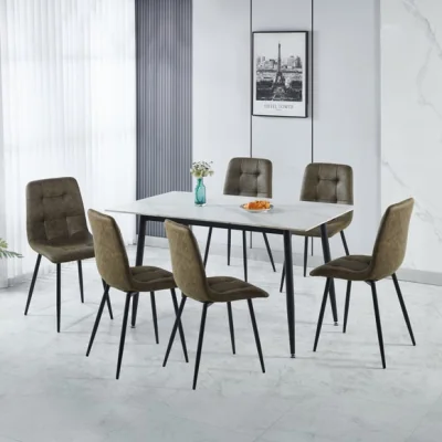 Dunelm Fenton 4 Seater Dining Table Set with 6 Olive Suede Dining Chairs