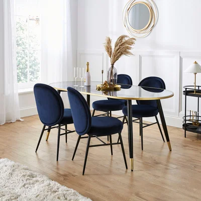 Dunelm Sylvia Oval Dining Table with Renata Navy Velvet Dining Chairs