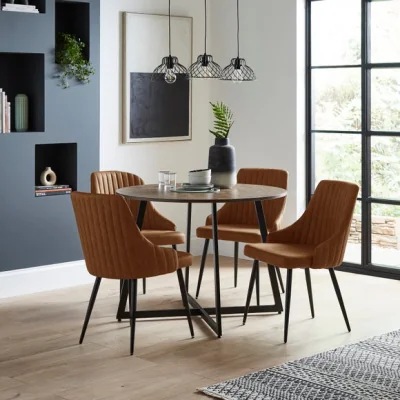 Dunelm Brayden 4 Seater Round Dining Table with 4 Shea Brown Faux Leather Dining Chairs