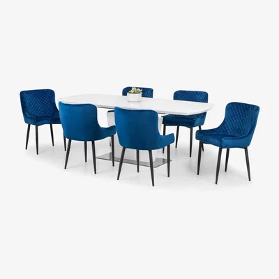 Dunelm Como Dining Table with 6 Luxe Blue Chairs Blue and White