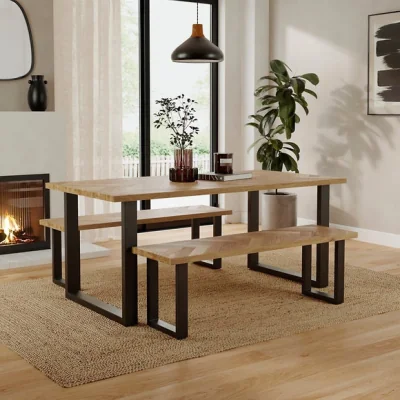 Dunelm Shelton 6 Seater Dining Table and Bench Set, Parquet Oak