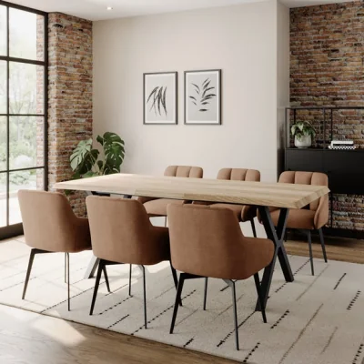 Dunelm Ezra II 4-6 Seater Extending Light Wood Dining Table with 4 Jase Brown Faux Leather Dining Chairs