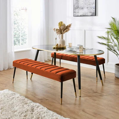 Dunelm Sylvia Oval Dining Table with Sylvia Burnt Orange Velvet Dining Benches