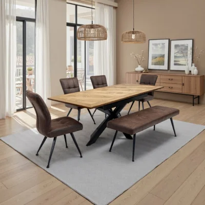 Dunelm Payton Extandable Dining Table with 4 Sabenea Dining Chairs and Ebony Bench