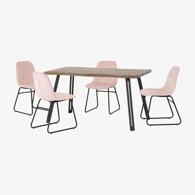 Dunelm Quebec Wave Oak Effect Dining Table with 4 Lukas Pink Dining Chairs Pink