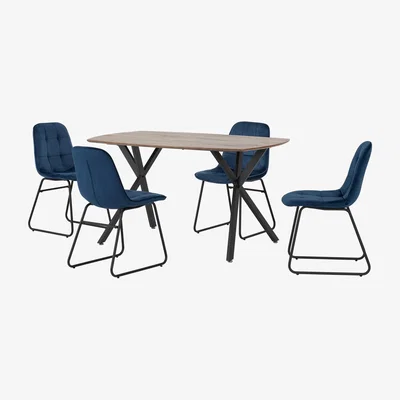 Dunelm Athens Rectangular Oak Effect Dining Table with 4 Lukas Blue Dining Chairs Navy Blue
