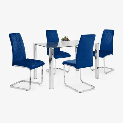 Dunelm Enzo Rectangular Glass Dining Set with 4 Calabria Dining Chairs Blue