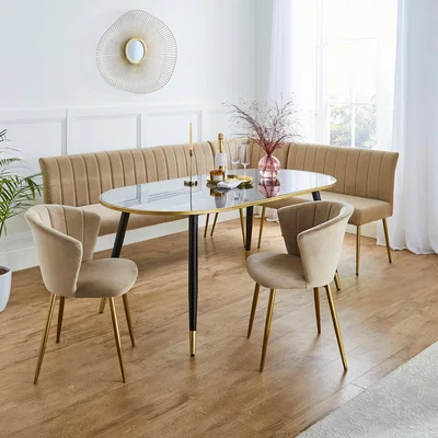Dunelm Sylvia Oval Dining Table with Kendall Mink Velvet Corner Bench & Dining Chairs