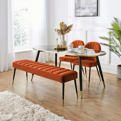Dunelm Sylvia Oval Dining Table with Sylvia Orange Velvet Dining Bench & Chairs
