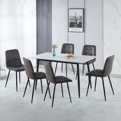 Dunelm Fenton 4 Seater Dining Table with 6 Charcoal Suede Dining Chairs