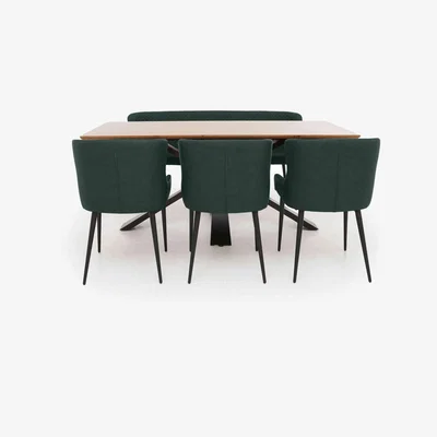 Furniture Village Hanoi Fixed Dining Table with Metal Base and 3 Faux Leather Chairs and a Bench - Bottle Green