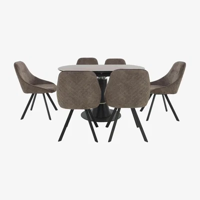 Furniture Village Enterprise Round Extending Dining Table and 6 Quilted Swivel Dining Chairs Dining Set