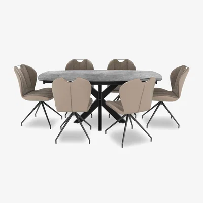 Furniture Village Raul 160cm Swivel Silver Extending Dining Table and 6 Swivel Chairs