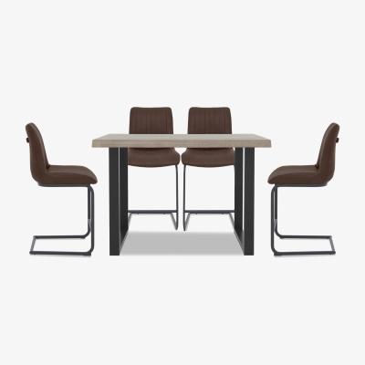 Furniture Village Bodahl - Compact Terra Raw Edge Table with U-Shaped Legs and 4 Cognac Terra Bar Stools - 160-cm - Vintage Grey