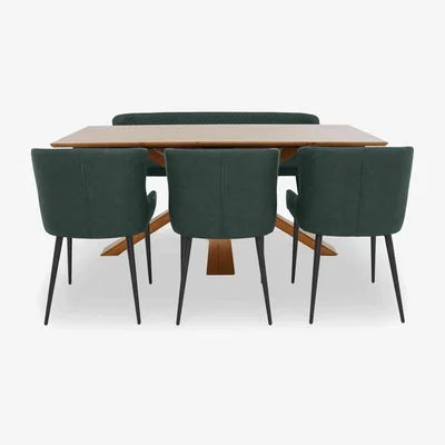 Furniture Village Hanoi Fixed Table with Wooden Base and 3 Faux Leather Dining Chairs and a Dining Bench