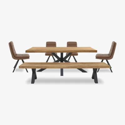Furniture Village Bodahl - Njord Raw Edge Dining Table with Metal Star Base, Bench and 4 Tan Faux Leather Swivel Chairs - 240-cm