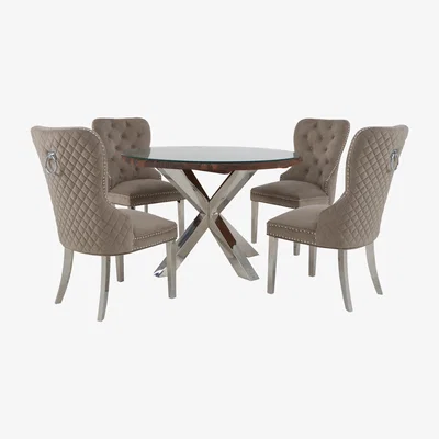 Furniture Village Chennai Round Table and 4 Quilted Chairs Dining Set - Brown