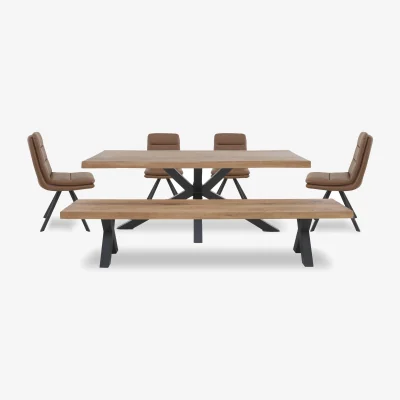Furniture Village Bodahl - Njord Raw Edge Dining Table with Metal Star Base, Bench and 4 Tan Faux Leather Swivel Chairs - 220-cm - Old Bassano
