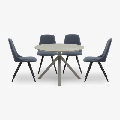 Furniture Village Matera Round Dining Table with Star Base and 4 Fabric Chairs with Black Legs - Midnight Blue