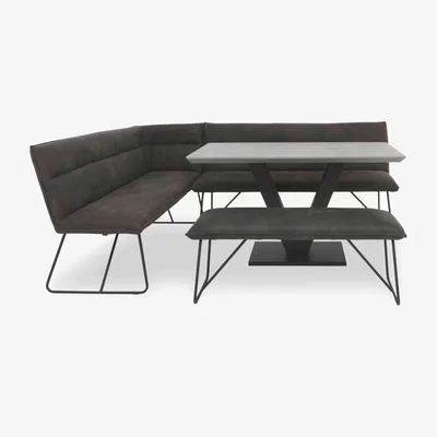 Furniture Village Ruben Dining Table with a Faux Suede Left Hand Facing Corner Bench and a Standard Bench