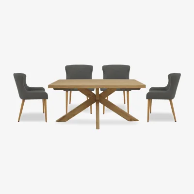 Furniture Village Riga Dining Table with Wooden Star Base and 4 Upholstered Chairs - 140-cm - Grey