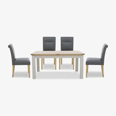 Furniture Village Lewis Rectangular Extending Dining Table and 4 Roll Back Faux Leather Chairs - Dark Grey
