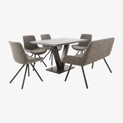 Furniture Village Rocket Dining Table, 4 Faux Leather Chairs and High Back Bench Dining Set