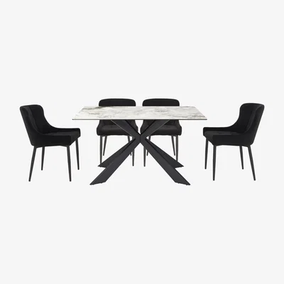 Furniture Village Kos Dining Table with 4 Velvet Dining Chairs Dining Set - Black