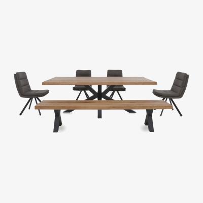 Furniture Village Bodahl - Njord Raw Edge Dining Table with Metal Star Base, Bench and 4 Chairs - 240-cm - Old Bassano