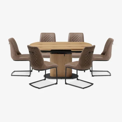 Furniture Village Jayden Swivel Extending Dining Table and 6 Faux Leather Cantilever Chairs - Light Brown