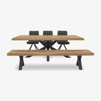 Furniture Village Bodahl - Njord Raw Edge Dining Table with Metal Star Base, Bench and 3 Anthracite Fabric Swivel Chairs - 220-cm
