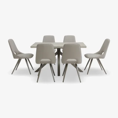 Furniture Village Matera Compact Dining Table with Star Base and 6 Faux Leather Chairs with Taupe Legs