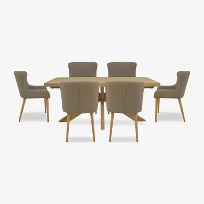 Furniture Village Riga Dining Table with Wooden Star Base and 6 Upholstered Chairs - 180-cm - Taupe