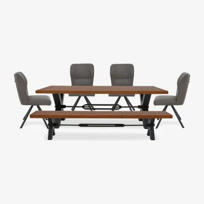 Furniture Village Bodahl - Terra Straight Edge Dining Table with Tension Bolt X-Leg, Bench and 4 Steel Fabric Swivel Chairs - 220-cm - Old Bassano