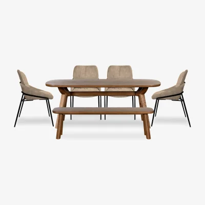 Furniture Village Pien Large Boat Shaped Oak Fixed Dining Table, 4 Faux Leather Chairs with Metal Legs and a Large Bench - In Time for Christmas