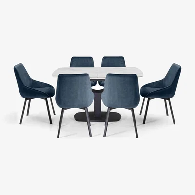 Furniture Village Veja Pop-up Extending Dining Table with 6 Swivel Chairs - Blue