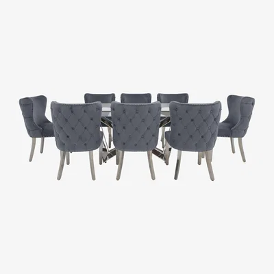 Furniture Village Marvel Chrome Large Extending Dining Table and 8 Button Back Dining Chairs