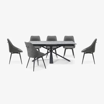 Furniture Village Crete Large Extending Dining Table and 6 Faux Leather Swivel Chairs