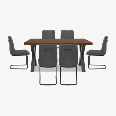 Furniture Village Bodahl - Compact Terra Straight Edge Dining Table with X-Shaped Legs and 6 Grey Chairs - Desert