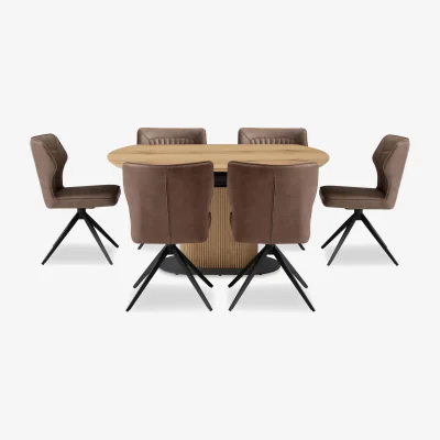 Furniture Village Jayden Swivel Extending Dining Table and 6 Faux Leather Swivel Chairs - Light Brown