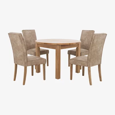 Furniture Village Furnitureland - California Round Solid Oak Extending Dining Table and 4 Faux Suede Dining Chairs