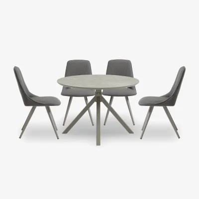 Furniture Village Matera Round Dining Table with Star Base and 4 Faux Leather Chairs with Taupe Legs - Anthracite