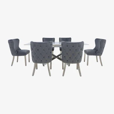 Furniture Village Marvel Chrome Large Extending Dining Table and 6 Button Back Dining Chairs