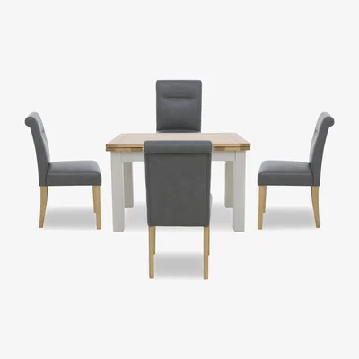 Furniture Village Lewis Large Draw Leaf Extending Dining Table and 4 Roll Back Faux Leather Chairs - Dark Grey