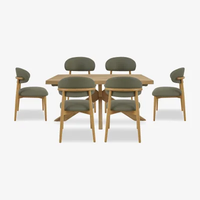 Furniture Village Riga Dining Table with Wooden Star Base and 6 Wooden Chairs - 140-cm - Green