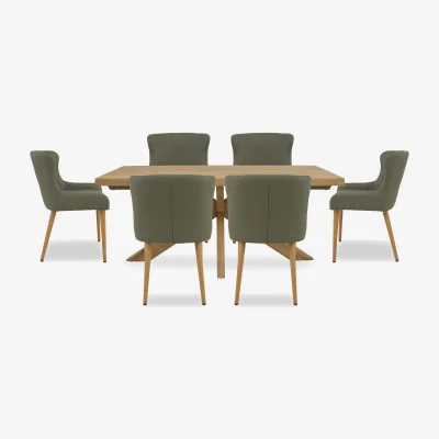 Furniture Village Riga Dining Table with Wooden Star Base and 6 Upholstered Chairs - 180-cm - Green
