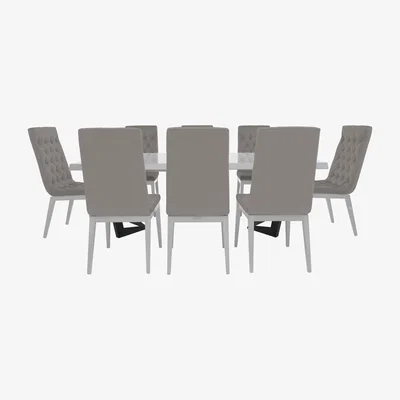 Furniture Village Palazzo 160cm Extending Dining Table in Glossy White with 8 Capitonne Buttoned Chairs - Scarlet Silver