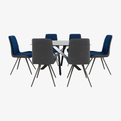 Furniture Village Samurai Compact Dining Table with White Stone Top and 6 Velvet Dining Chairs