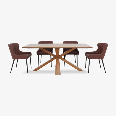 Furniture Village Hanoi Fixed Table with Wooden Base and 4 Faux AN Leather Dining Chairs